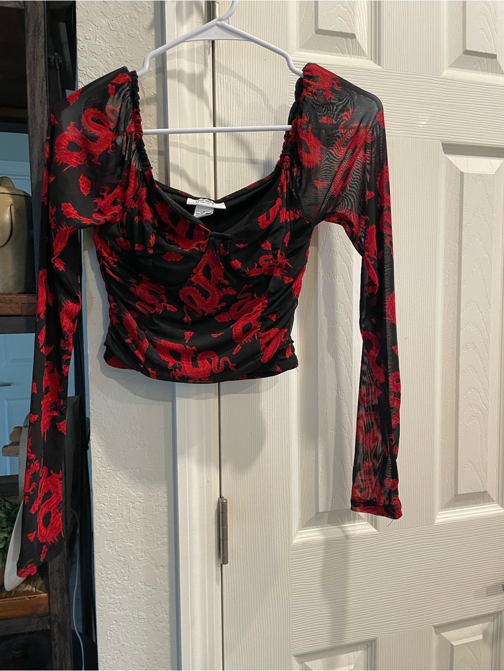 Just polly Mesh black w Red Dragon Design long sleeve lined cropped top Small